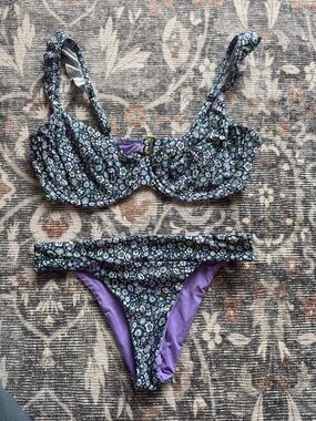 Summerful D Cup Navy Floral & Lavender Underwire Bikini Top and Small Bottom